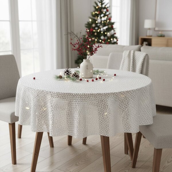 Ubrus PVC vánoční, 23512 STRI krajkový vzor, stříbrné lístky na bílé, š.140cm (metráž)