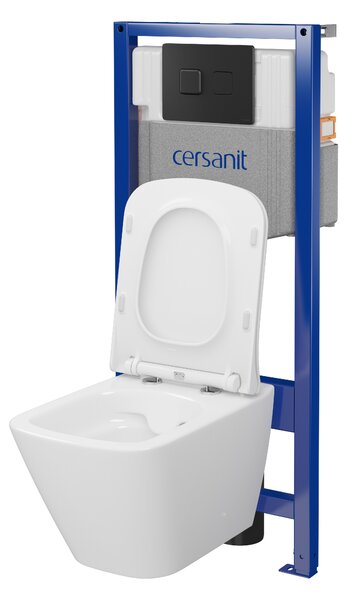 Cersanit City, System50 PNEU podomítkový rám + závěsná wc mísa City Square CleanOn + černé tlačítko Circle, S701-777