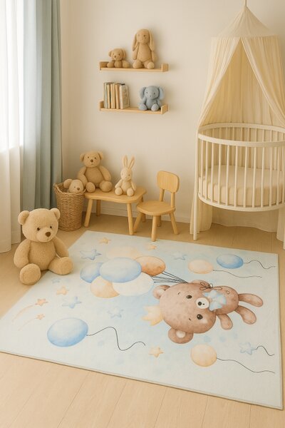 Makro Abra Kusový dětský koberec KIDS 2403178N Medvídek Balónky světle modrý Rozměr: 80x150 cm