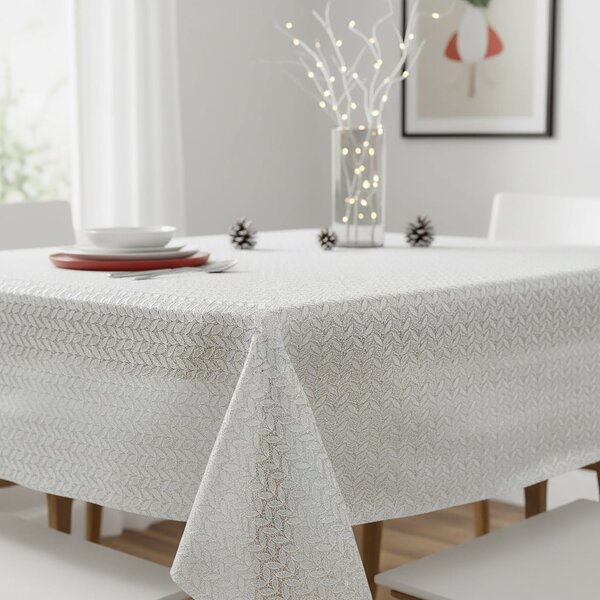 Ubrus PVC vánoční, 23512 STRI krajkový vzor, stříbrné lístky na bílé, š.140cm (metráž)