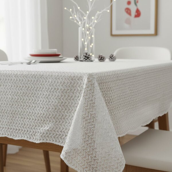 Ubrus PVC vánoční, 23512 STRI krajkový vzor, stříbrné lístky na bílé, š.140cm (metráž)
