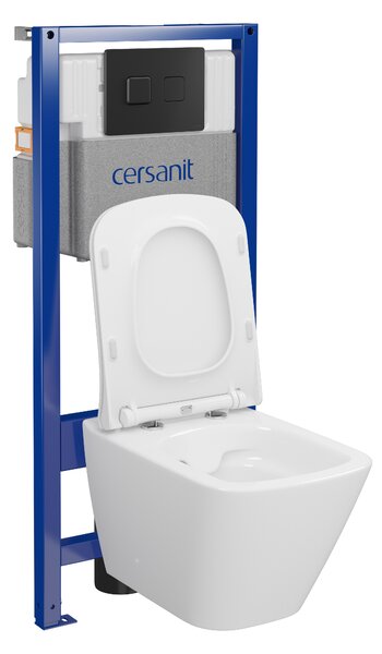 Cersanit City, System50 PNEU podomítkový rám + závěsná wc mísa City Square CleanOn + černé tlačítko Circle, S701-777