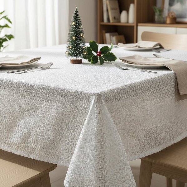 Ubrus PVC vánoční, 23512 STRI krajkový vzor, stříbrné lístky na bílé, š.140cm (metráž)