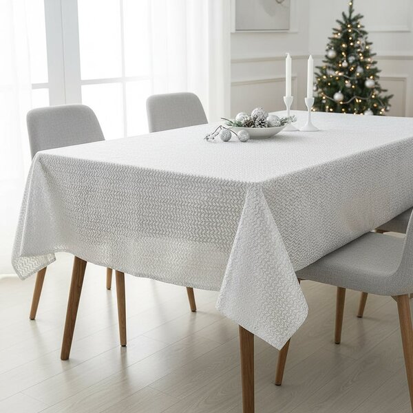 Ubrus PVC vánoční, 23512 STRI krajkový vzor, stříbrné lístky na bílé, š.140cm (metráž)