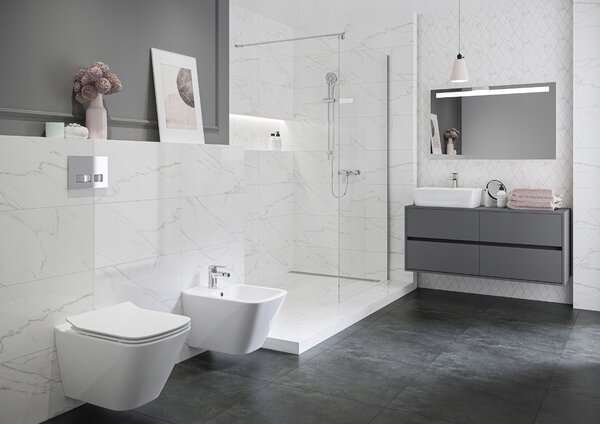 Cersanit City, System50 PNEU podomítkový rám + závěsná wc mísa City Square CleanOn + chromové tlačítko Circle, S701-776