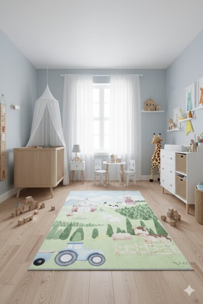 Makro Abra Kusový dětský koberec KIDS 2409030D-1 Traktor Domácí Zvířátka zelený Rozměr: 80x150 cm