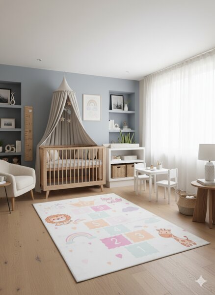 Kusový dětský koberec KIDS 2409022D-2 Skákací Panák Zvířátka krémový vícebarevný Rozměr: 80x150 cm