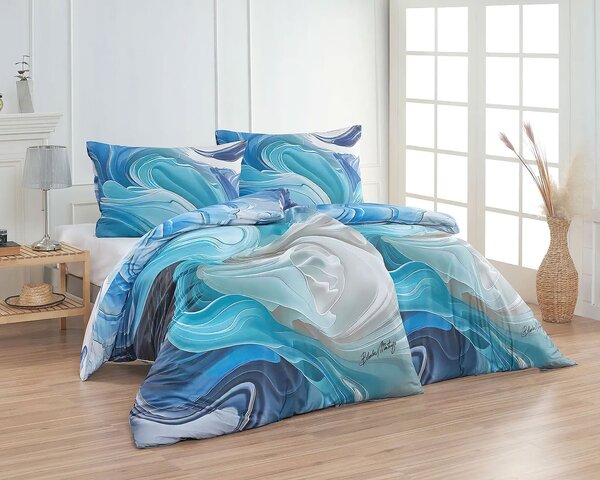 Matějovský Povlečení BLANKA MATRAGI - ZROZENÍ, dynamický vzor, odstíny modré a krémové, bavlněný MAKO satén, digitál, 140x200cm + 70x90cm