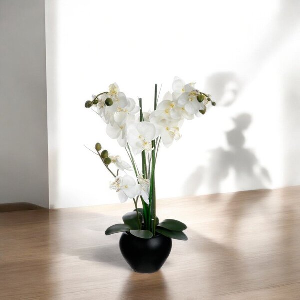 Umělá orchidej v černém květináči, bílá orchidej, výš, 53 cm