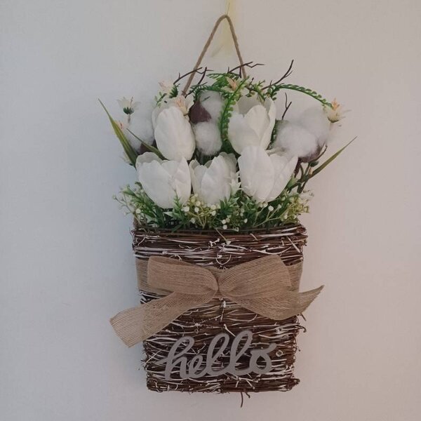 DECOLED Jarní dekorace bílé květiny 23 × 40 cm, proutí a plast, IP44, venkovní