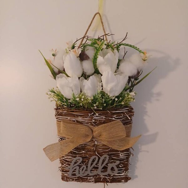 DECOLED Jarní dekorace bílé květiny 23 × 40 cm, proutí a plast, IP44, venkovní