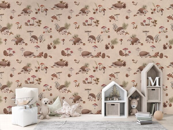 FUGU Lesní tapeta s ježky - Happy Hedgehog Beige Materiál: Digitální eko vlies - klasická tapeta nesamolepicí