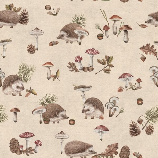 FUGU Lesní tapeta s ježky - Happy Hedgehog Beige Materiál: Digitální eko vlies - klasická tapeta nesamolepicí