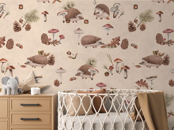 FUGU Lesní tapeta s ježky - Happy Hedgehog Beige Materiál: Digitální eko vlies - klasická tapeta nesamolepicí