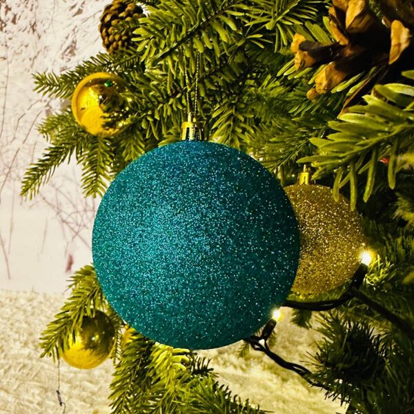DECOLED Sada vánočních ozdob paví zelená 10 cm plastová koule glitter, balení 6 ks