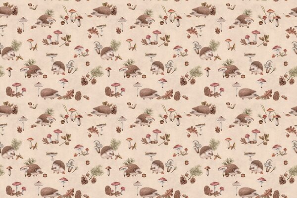 FUGU Lesní tapeta s ježky - Happy Hedgehog Beige Materiál: Digitální eko vlies - klasická tapeta nesamolepicí