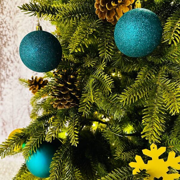 DECOLED Sada vánočních ozdob paví zelená 10 cm plastová koule glitter, balení 6 ks