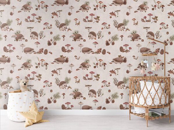 FUGU Lesní tapeta s ježky - Happy Hedgehog White Materiál: Samolepicí tkaný eko materiál - samolepicí tapeta