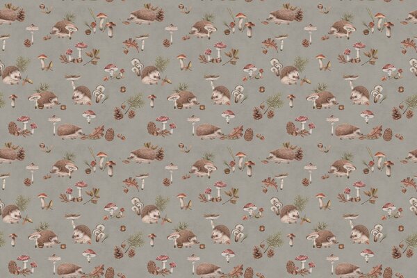 FUGU Lesní tapeta s ježky - Happy Hedgehog Brown Materiál: Digitální eko vlies - klasická tapeta nesamolepicí