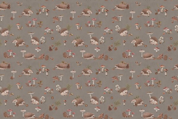 FUGU Lesní tapeta s ježky - Happy Hedgehog Brown Materiál: Digitální eko vlies - klasická tapeta nesamolepicí