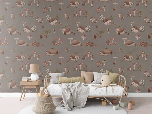 FUGU Lesní tapeta s ježky - Happy Hedgehog Brown Materiál: Digitální eko vlies - klasická tapeta nesamolepicí