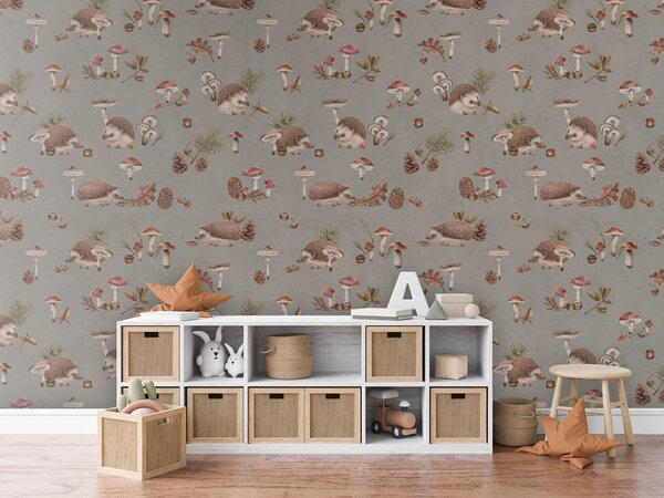 FUGU Lesní tapeta s ježky - Happy Hedgehog Brown Materiál: Digitální eko vlies - klasická tapeta nesamolepicí