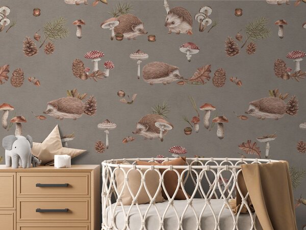 FUGU Lesní tapeta s ježky - Happy Hedgehog Brown Materiál: Digitální eko vlies - klasická tapeta nesamolepicí