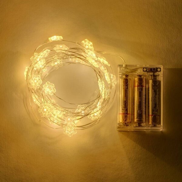 DECOLED LED světýlka na baterie, vločky, 2,3 m, teple bílá, 20 diod, čirý kabel, IP20 interiér, 3 × AA