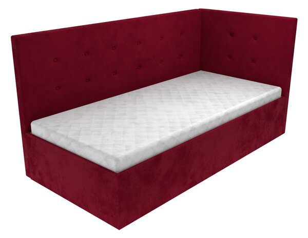 Čalouněná postel Emily s čelem s knoflíky, lamelovým roštem a úložným prostorem - Vínová, 90 x 200 cm, +10 cm úložný prostor, Taštičková 25 cm