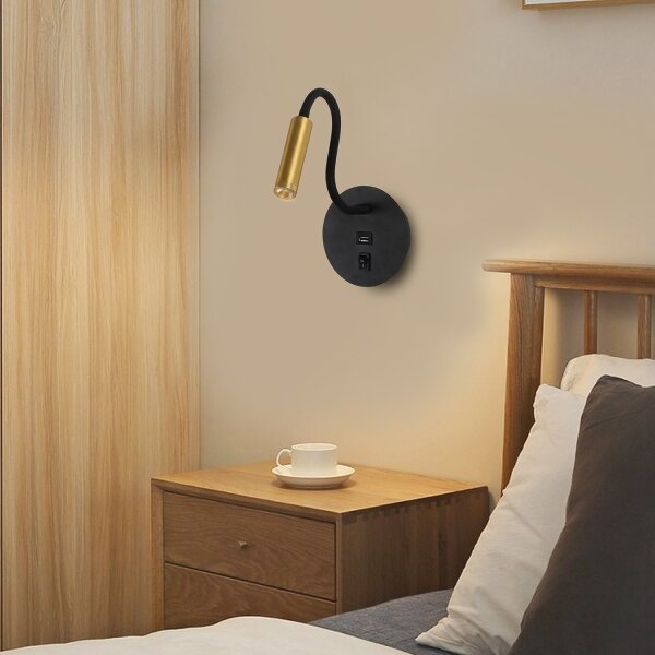 Brilagi -LED Flexibilní nástěnná lampa s USB portem MAYA LED/3W/230V černá/zlatá