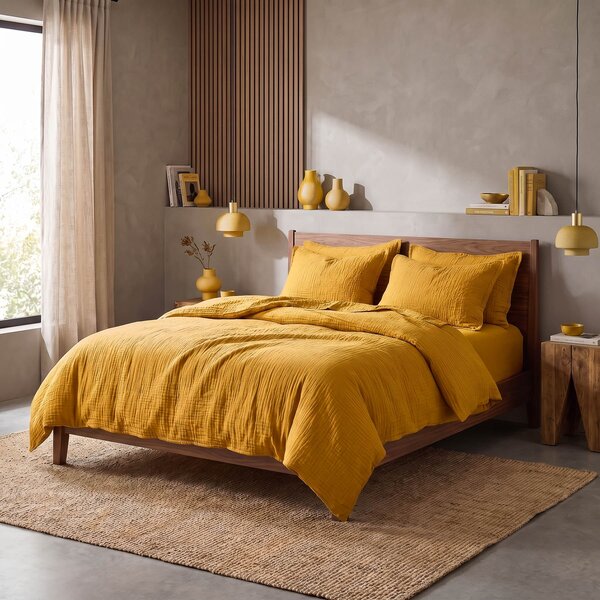 Povlečení MUŠELÍN EXCLUSIVE HOŘČICOVÁ, jednobarevné, hořčicové, mušelín, 140x200cm + 70x90cm
