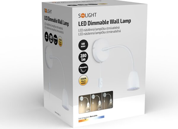 Solight LED nástěnná lampička, stmívatelná, 4W, 280lm, 3000K, bílá WO54-W