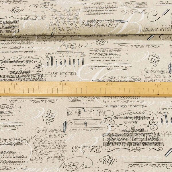 Směsové plátno 8859/001, psaní a noty na režné, š.140cm (látka v metráži)