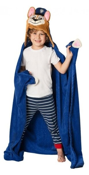 Dětská / chlapecká deka s kapucí Tlapková patrola - Paw Patrol - motiv Chase - Coral fleece 230 g/m² - modrá - 110 x 140 cm