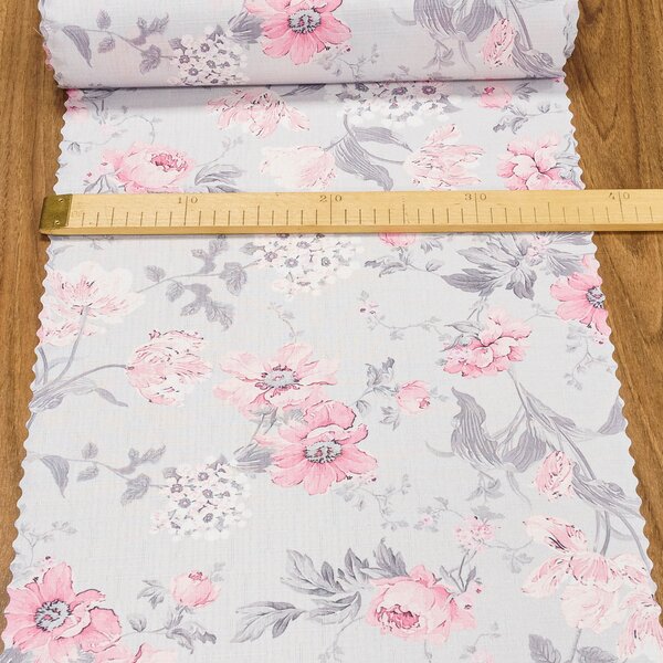 Ubrusovina / štola teflonová úprava, růžové květy na šedé, š.38cm (metráž)