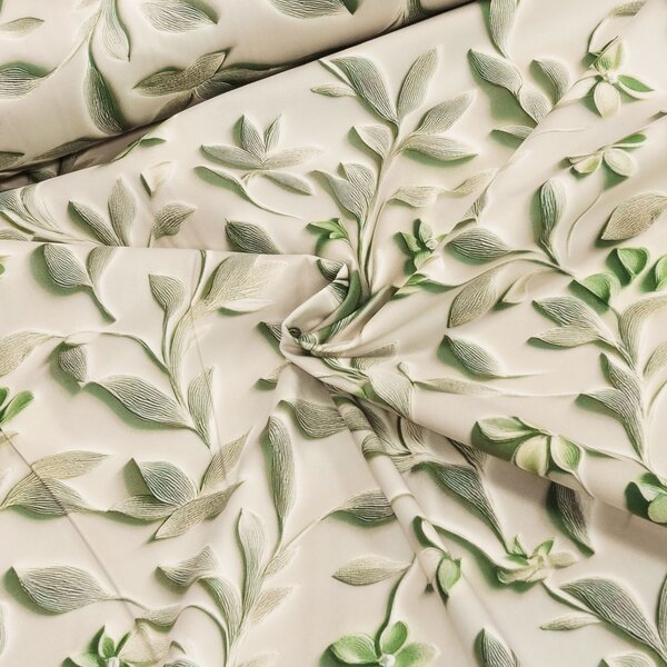 Forbyt dekorační závěs 25019/108 VELVET, zelené popínavé listy s květy na béžové, šířka 150cm (látka v metráži)