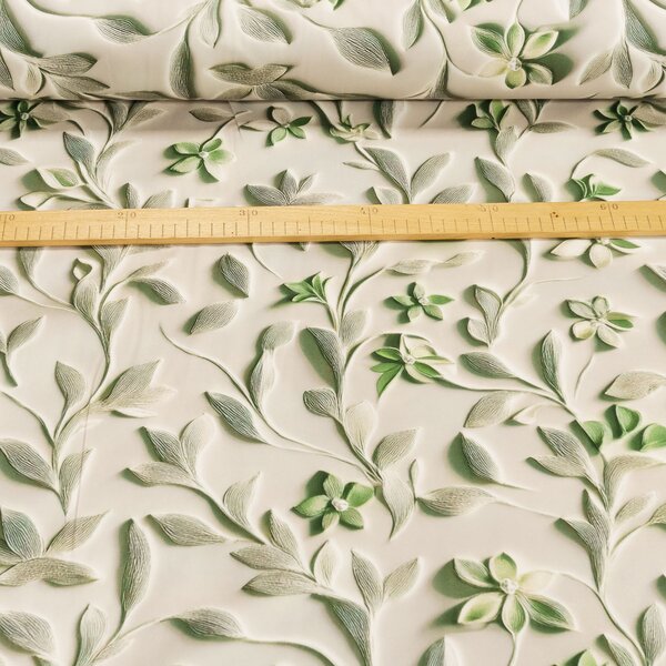 Forbyt dekorační závěs 25019/108 VELVET, zelené popínavé listy s květy na béžové, šířka 150cm (látka v metráži)