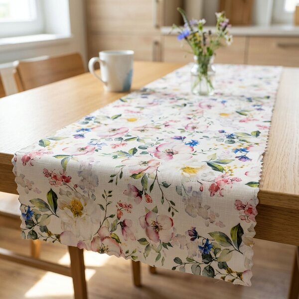 Ubrusovina / štola teflonová úprava, RŮŽOVÁ ZAHRADA, šípková růže na smetanové, š.38cm (metráž)