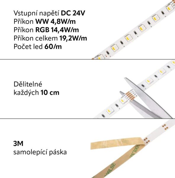 T-LED pásek RGB + teplá bílá 4v1, 19,2W/m (RGB a WW teplá bílá 4v1, 24V, 19,2W pásek vnitřní 60LED/metr )