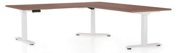 Výškově nastavitelný stůl OfficeTech Angle, 180 x 200 cm, bílá podnož, ořech