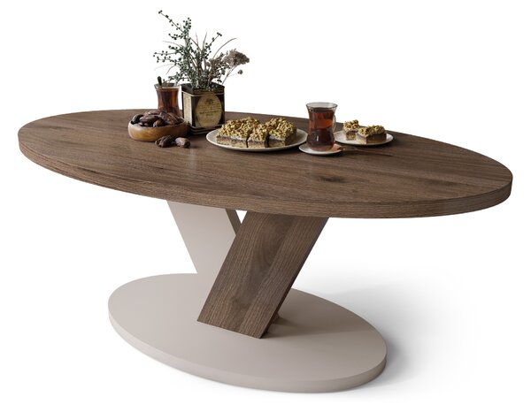Mazzoni LOVA Elegantní Ořech/Béžová Taupe - OVÁLNÝ KONFERENČNÍ STOLEK 110x60 cm MODERNÍ KÁVOVÝ STOLEK