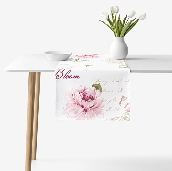 Goldea běhoun na stůl 100% bavlněné plátno - pivoňky s texty 35x140 cm