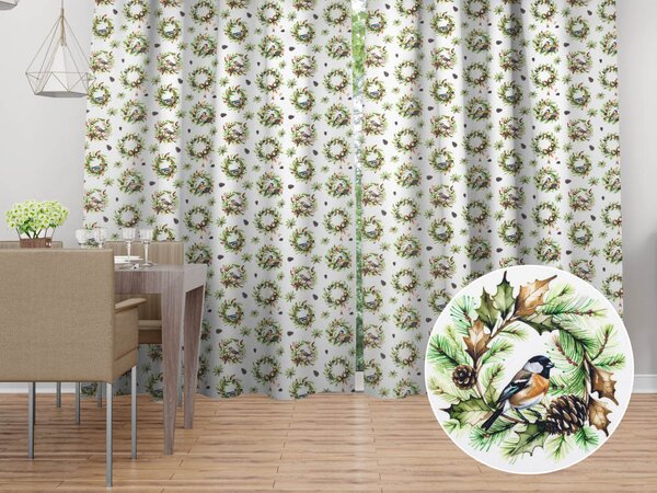 Biante Dekorační závěs TF-103 Vánoční věnce s ptáčky na bílém 140x140 cm