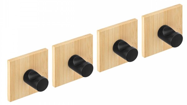 Erga Ozi, samolepící háčky na ručníky bez vrtání, 4 ks, 5 × 5 cm, bambus/černá matná, ERG-YKA-CH.OZI4-BLK