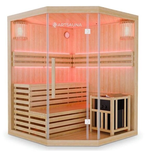 Rohová finská sauna 150x150 cm 6 kW, LED, bezpečnostní sklo