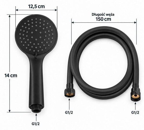 Erga Wemi, 3-funkční ruční sprcha s hadicí 150 cm, 12,5 × 14 cm, černá matná, ERG-YKA-BP.WEMI-BLK