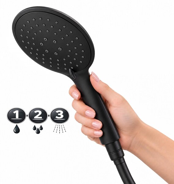 Erga Wemi, 3-funkční ruční sprcha s hadicí 150 cm, 12,5 × 14 cm, černá matná, ERG-YKA-BP.WEMI-BLK