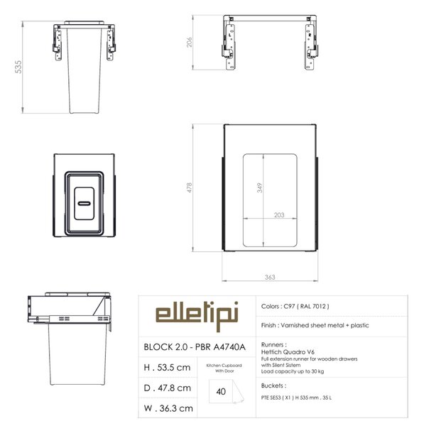 Vestavný odpadkový koš Elletipi BLOCK 2.0 - výsuvný, 35 L, PBR A4740A