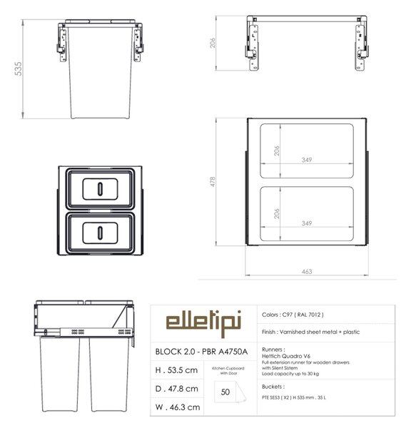 Vestavný odpadkový koš Elletipi BLOCK 2.0 - výsuvný, 35+35 L,PBR A4750A