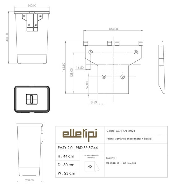 Vestavný odpadkový koš Elletipi EASY - na dvířka, 24 L, PBD SP SG44 C97 M